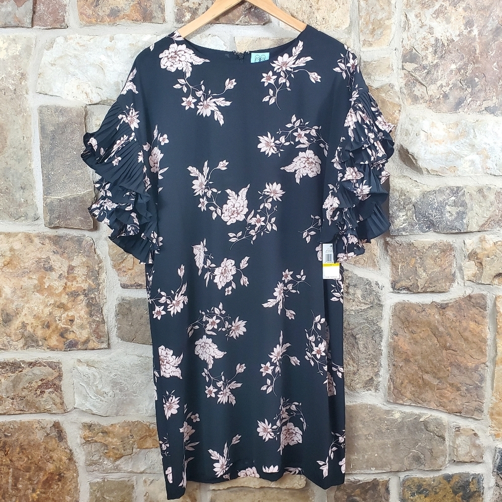 NWT Cece M MEDIUM Pleated Drape Sleeve Floral Dress - Picture 3 of 11